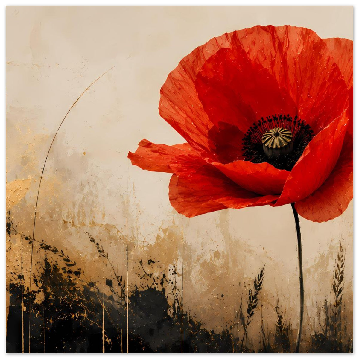 Poster mit roter Mohnblume, Fokus auf roten Blütenblättern und dunklem Blütenkern