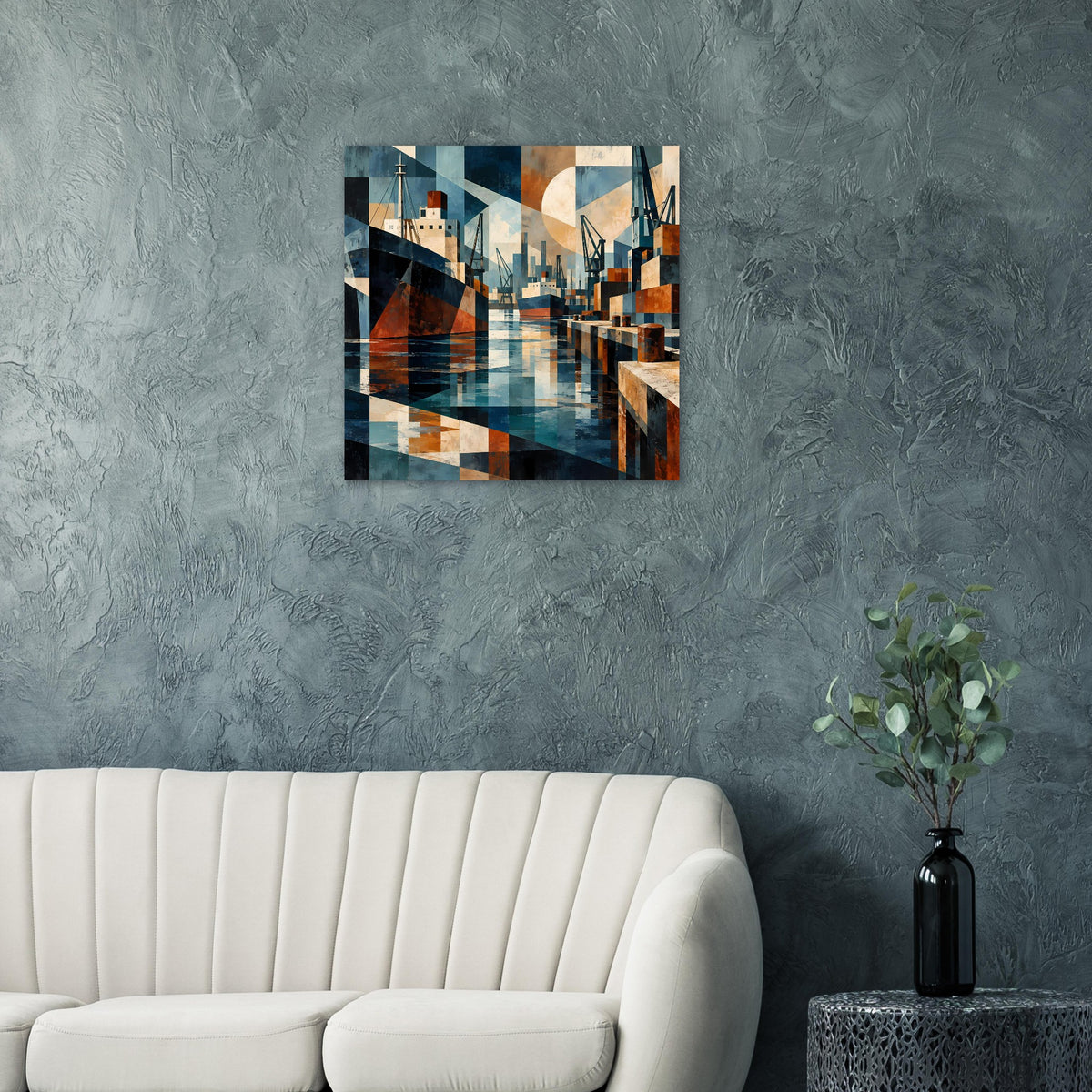 Poster mit geometrischer Hafenszene in Blau- und Erdtönen, dynamische Flächen und Wasser