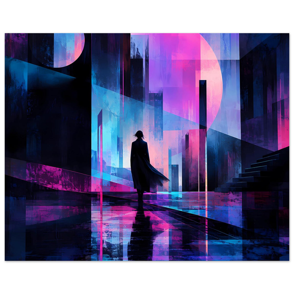 Neon-Nachtlandschaft-Poster mit Silhouette einer Person, fluoreszierende blaue und pinke Stadtansicht.