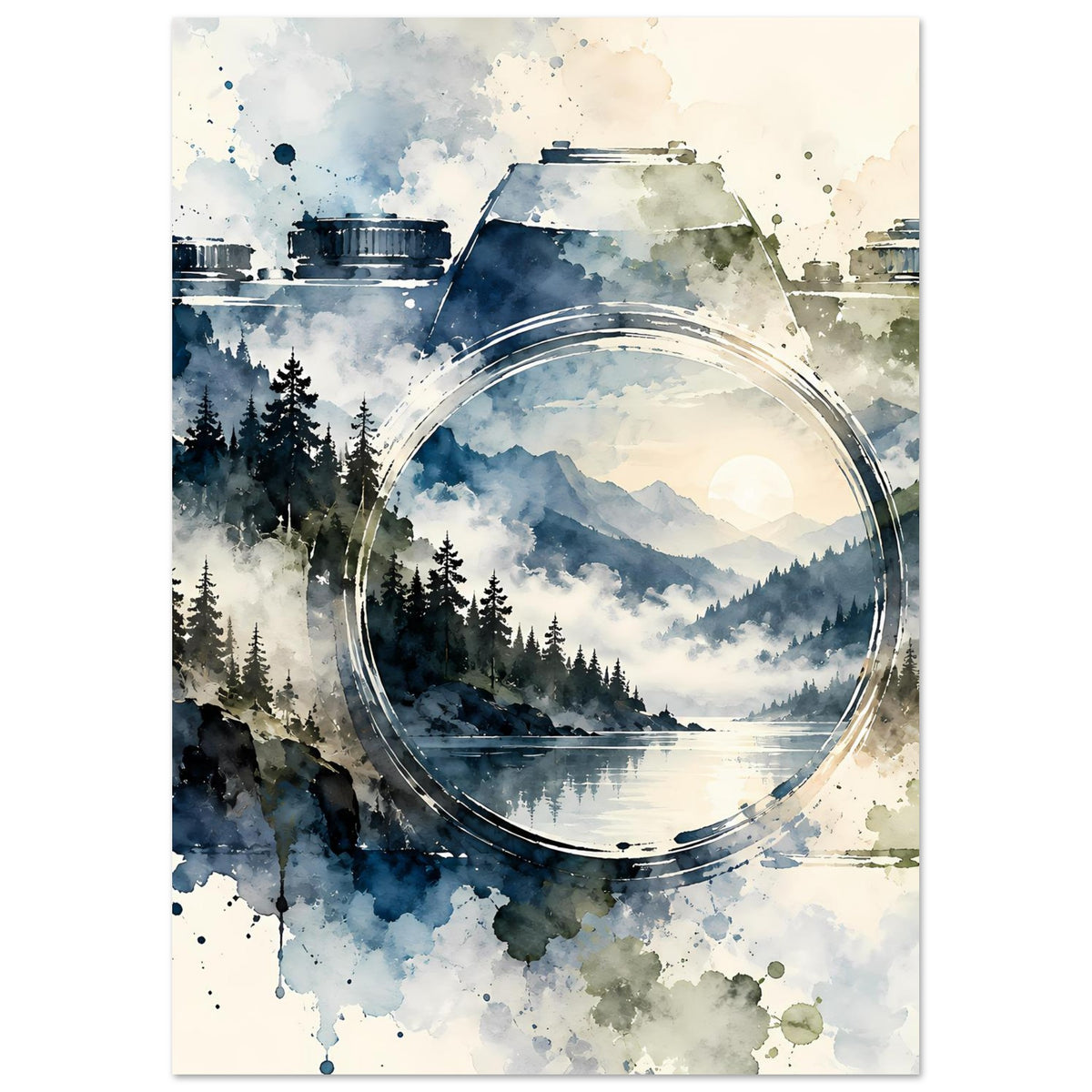 Hochformat-Aquarellposter mit Vintage-Kamera und Rundlinse über Berglandschaft und Tannenwald