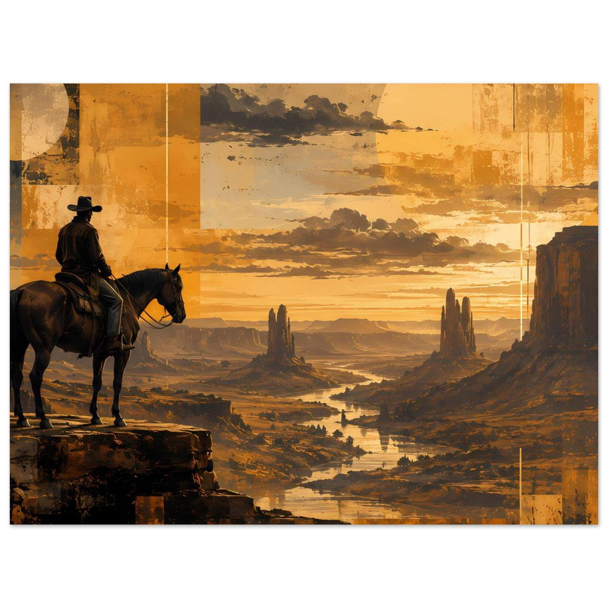 Wandposter: Cowboyreiter auf Pferd, warmes Sonnenuntergangslicht über Wüstenpfad und Türmen