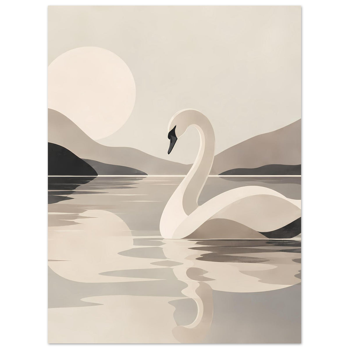 Kunstposter: weißer Schwan mit schwarzem Schnabel, Spiegelung im See, Beige- und Grautöne