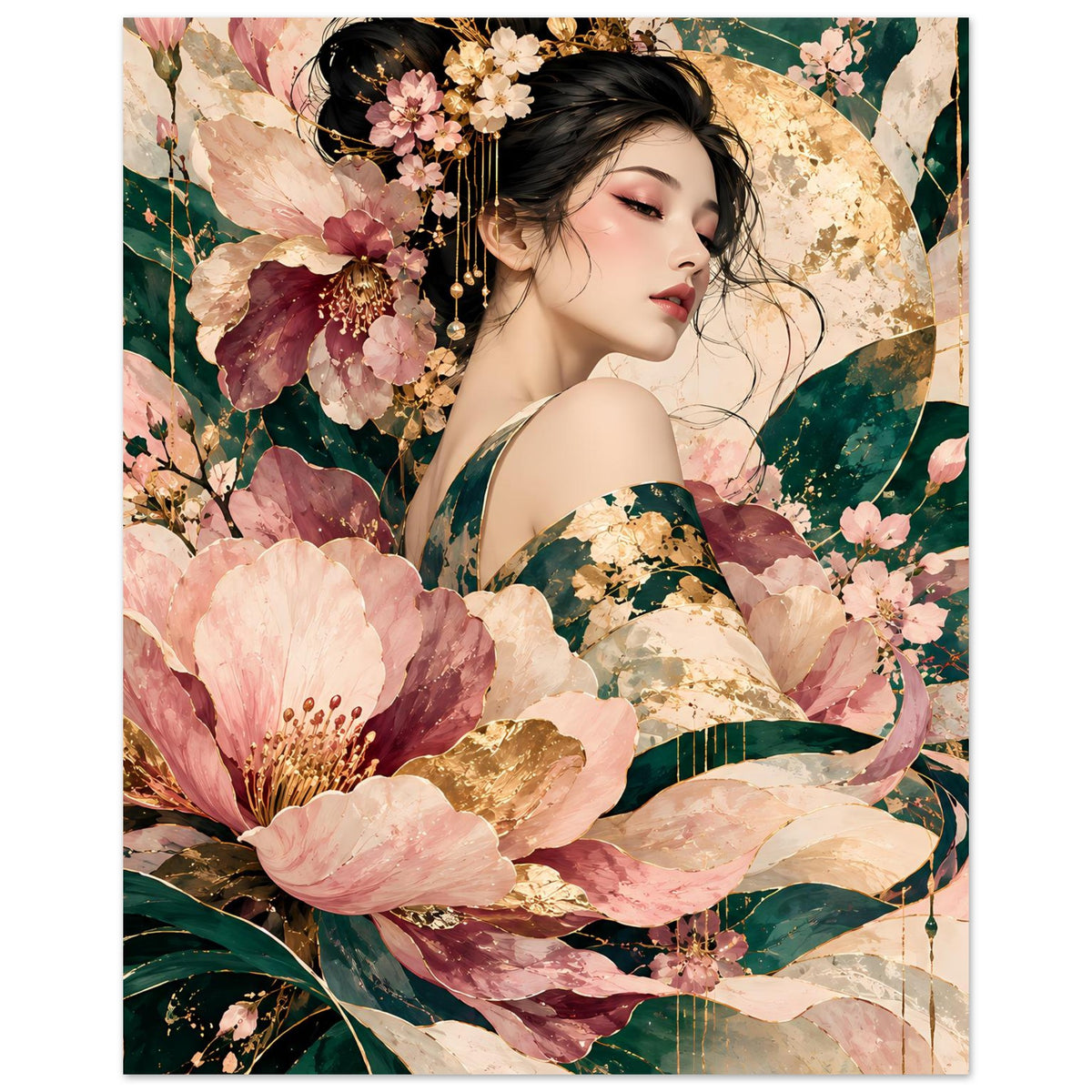 Poster mit Frau und floralen Motiven in Rosé, Grün und Gold