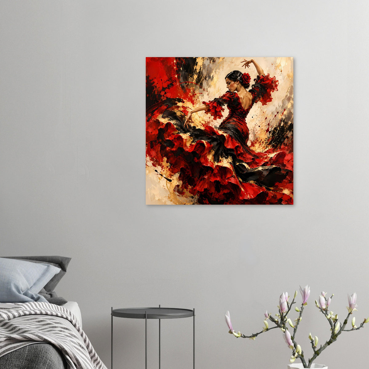 Kleines Poster: Flamenco-Tänzerin im roten und schwarzen Kleid, abstrakter Farbauftrag