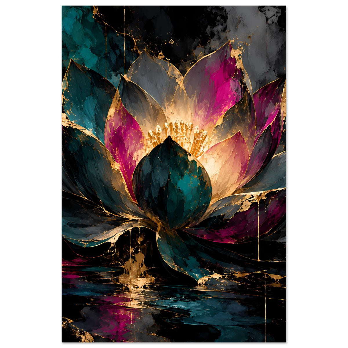 Vertikales Kunstposter mit leuchtender Lotusblüte in Türkis, Magenta und Goldfarben