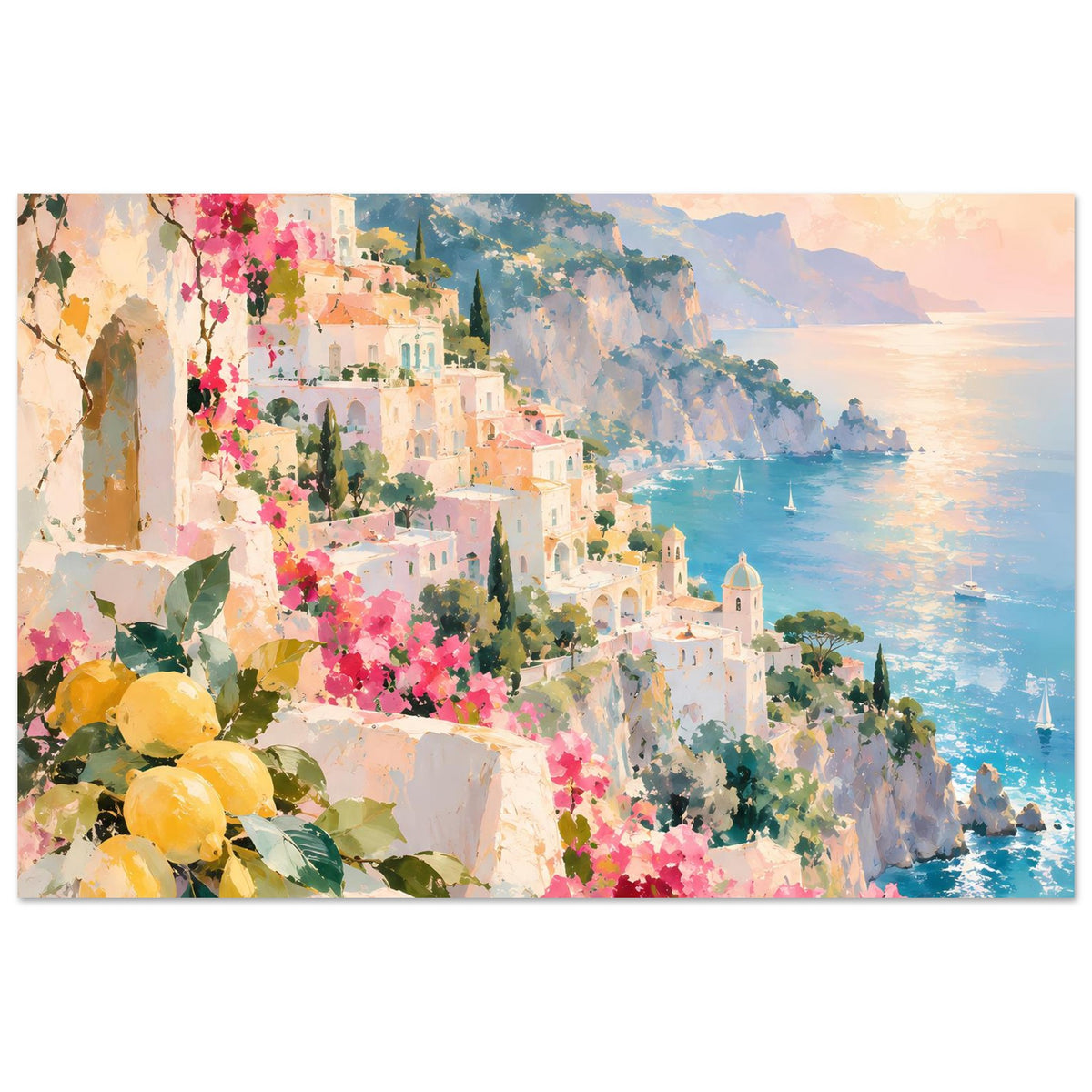 Küstenposter im Querformat mit Stadtansicht, rosa Blüten, Zitronengelben Früchten und Wasser