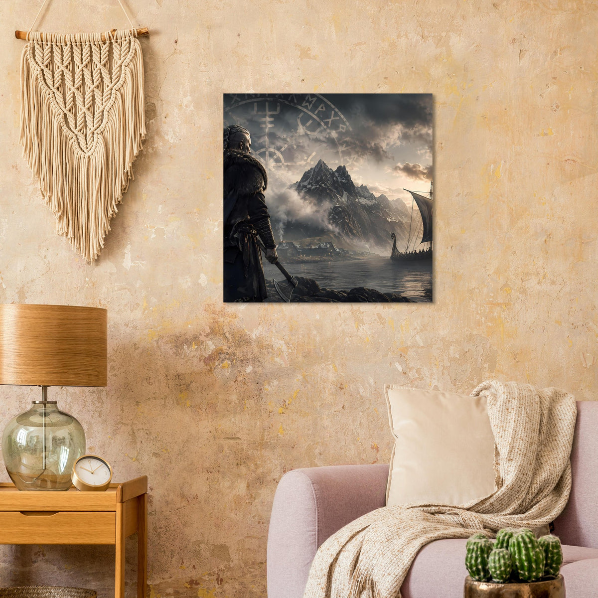 Wikingerkrieger-Poster mit Langschiff, Runenkranz und Gebirgsfelsen im Fjord