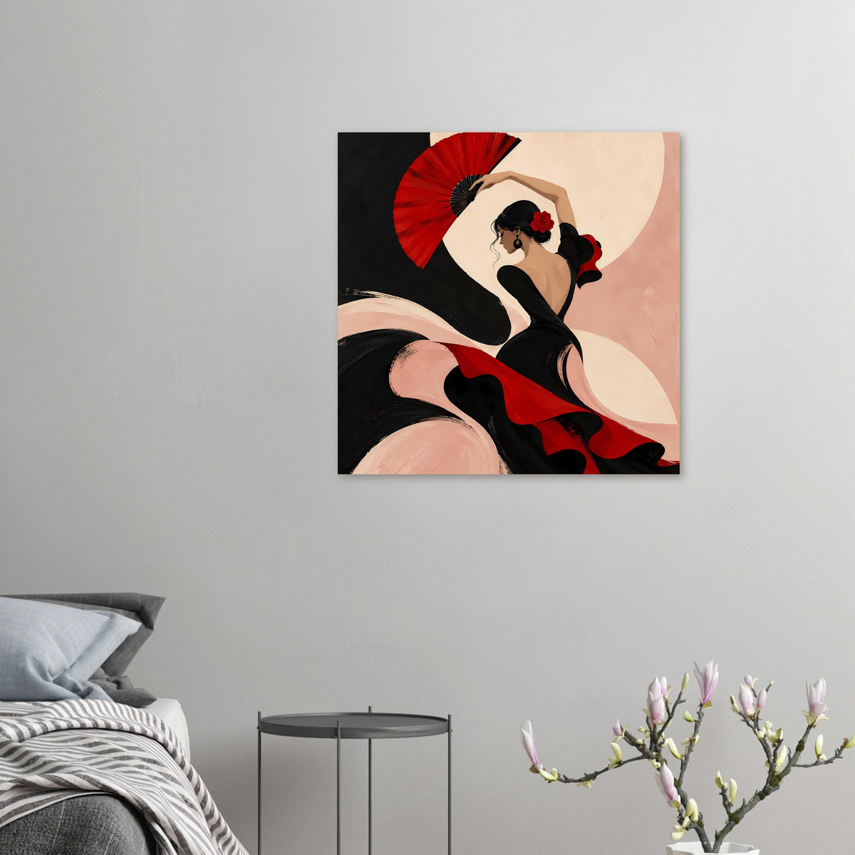 Quadratisches Poster mit Flamenco-Tänzerin, rotem Fächer, schwarzem Kleid mit roten Einsätzen