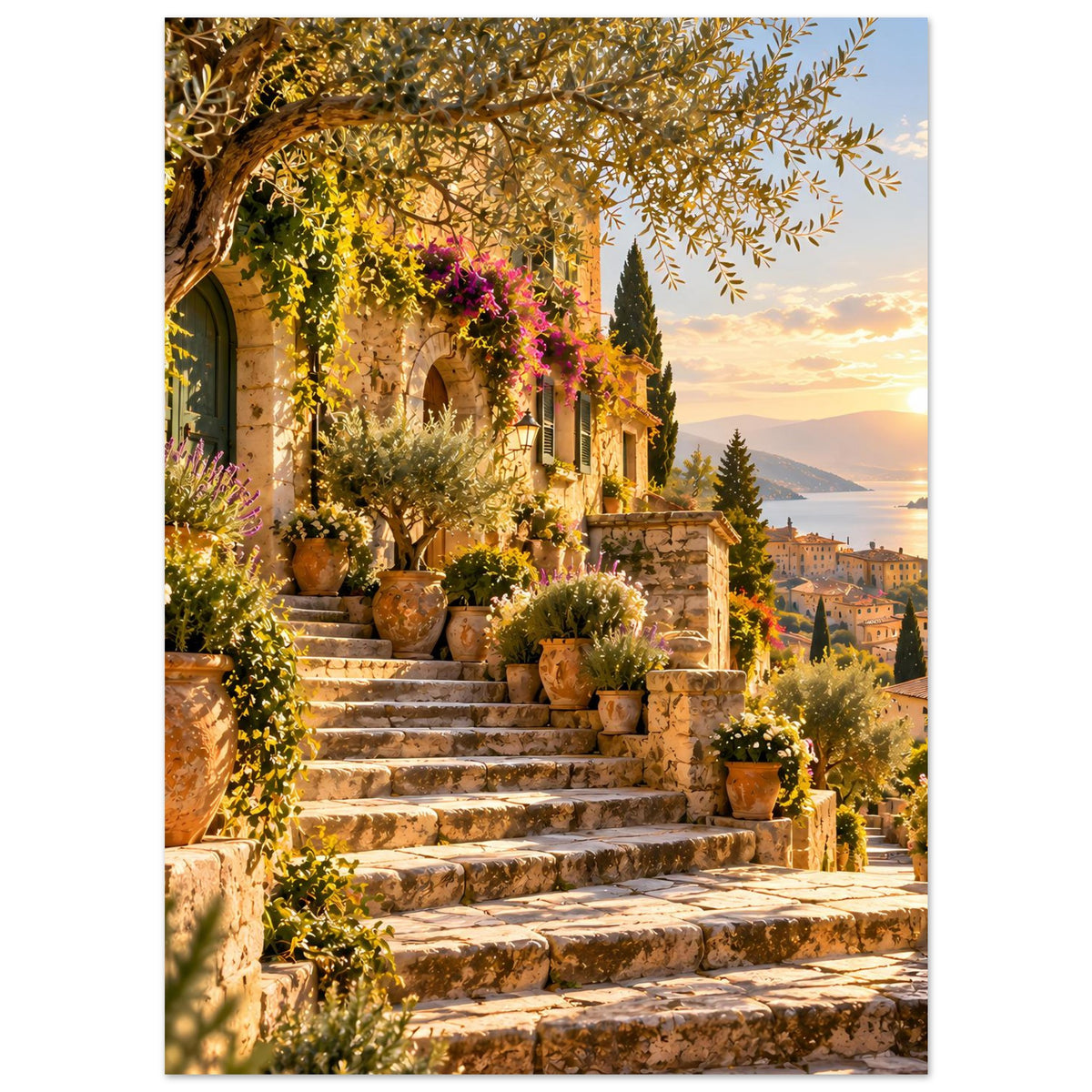 Sonnenuntergangs-Poster mit mediterranem Treppenaufgang, Olivenbaum und Kübelpflanzen