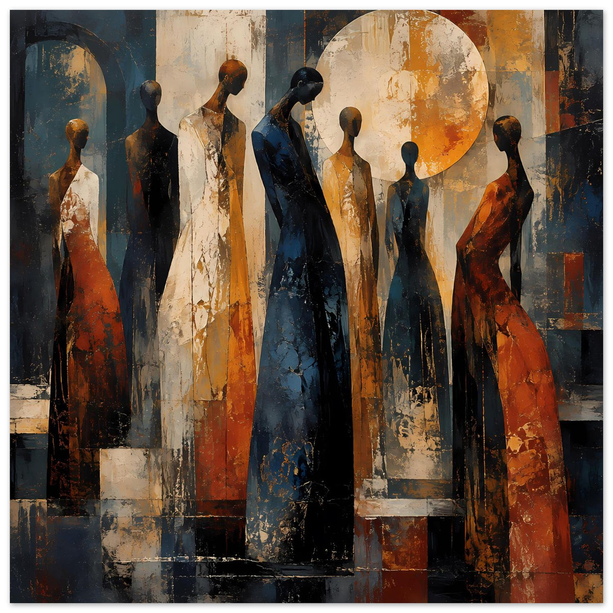 Kunstposter mit abstrakten stehenden Figuren, warmes Orange und Blau, runder Lichtkreis