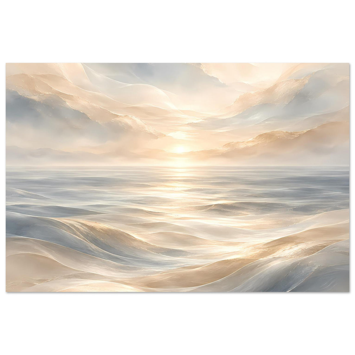 Querformatiges Ozeanposter mit geschwungenen Wellen und goldenem Lichtschein