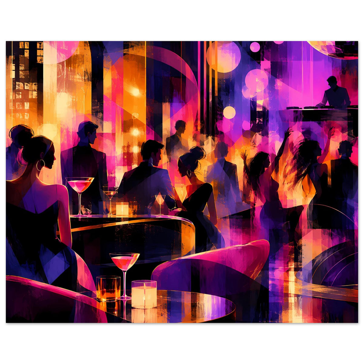 Nachtleben-Poster: bunte Lounge-Szene mit Silhouetten, Bartresen und beleuchteten Gläsern