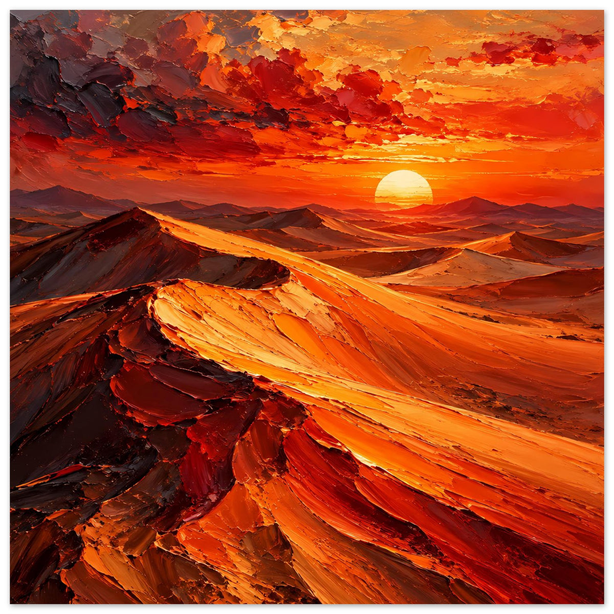 Vertikales Poster: Leuchtende orange Sonne über Dünen, rot- und orangefarbene Farbfelder
