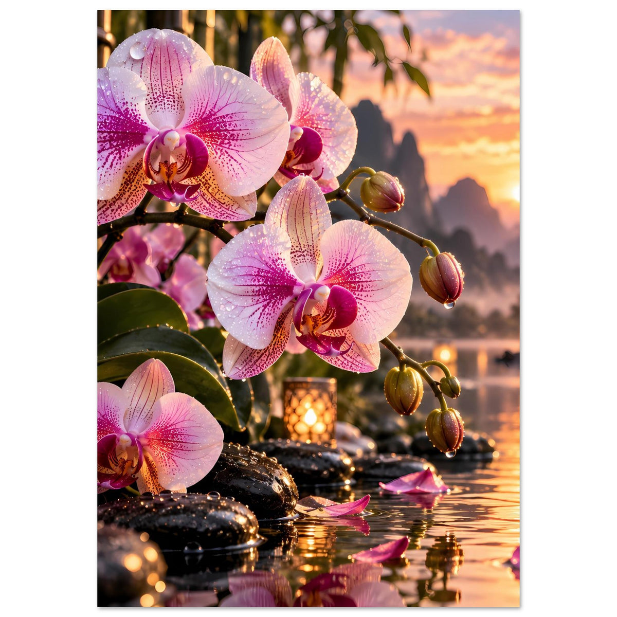 Orchideen-Poster, Detailansicht rosa Orchideenblüten und Lichter auf Wasser