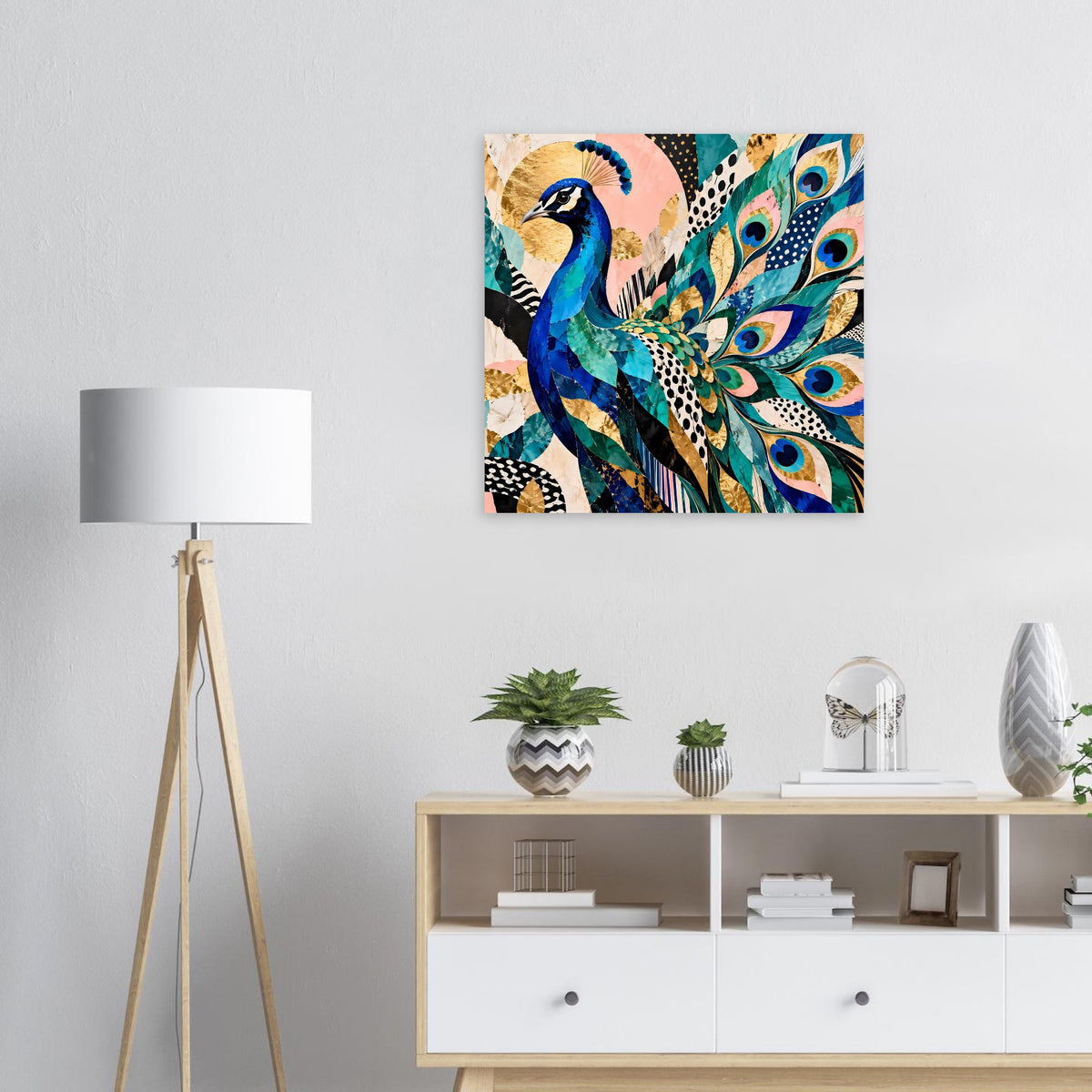 Quadratisches Kunstposter mit Pfau in Blau, Türkis und Gold