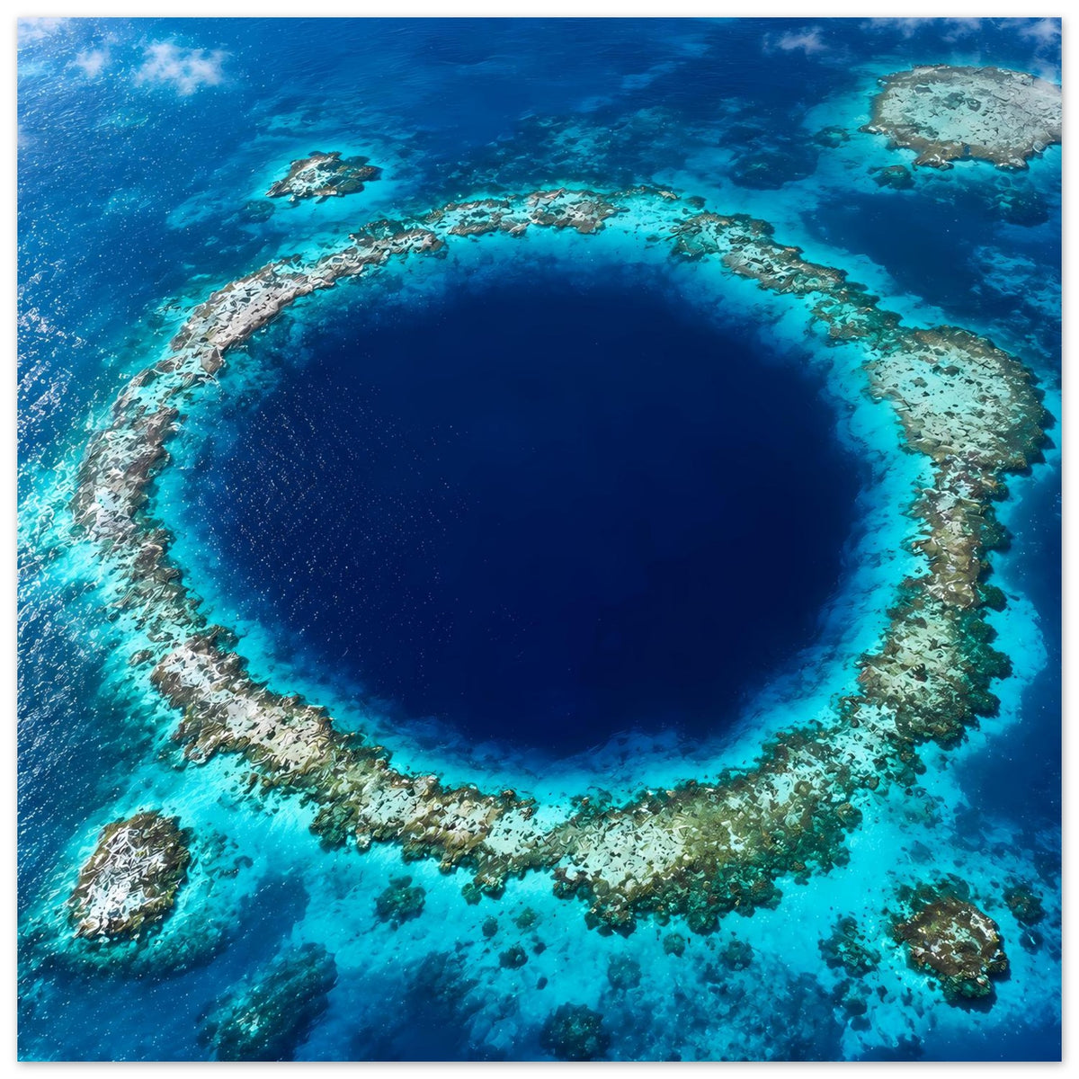 Meeresposter: dunkelblauer Krater im Ozean, umgeben von blauem Wasser und Korallen