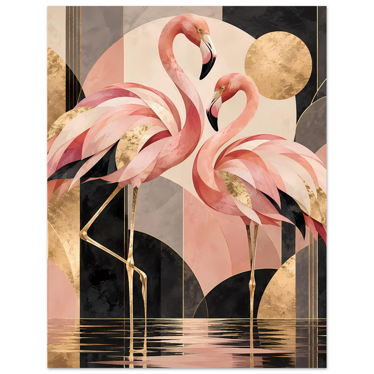 Zwei rosa Flamingos vor geometrischem Hintergrund mit Goldakzenten in Schwarz und Creme – Posteransicht 3