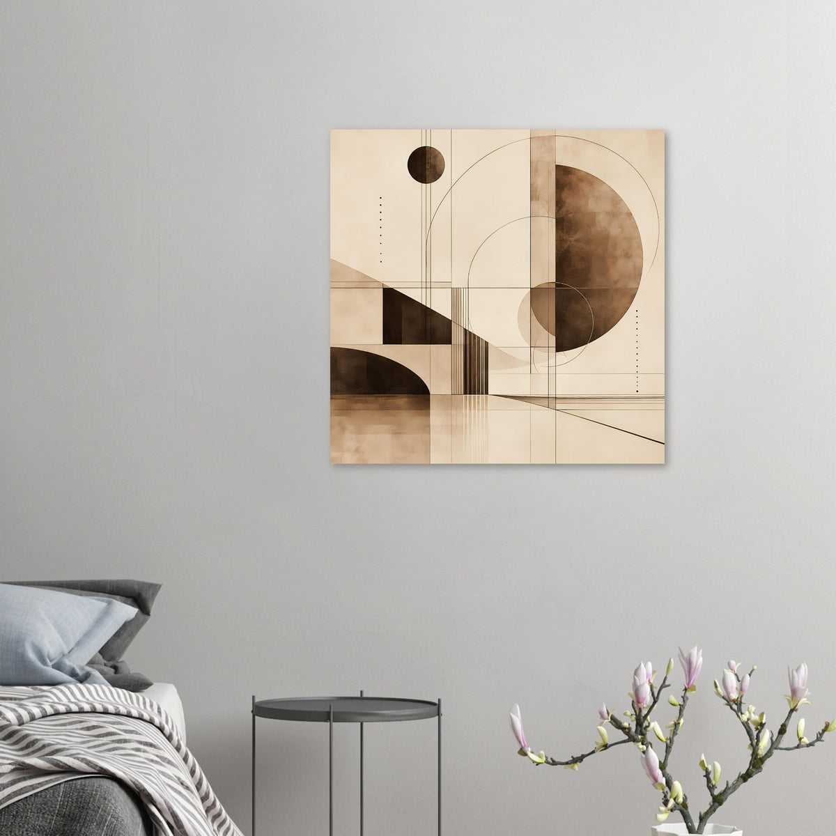 Kleiner gerahmter geometrischer Kunstdruck in Sepia mit Kreisen und Linien
