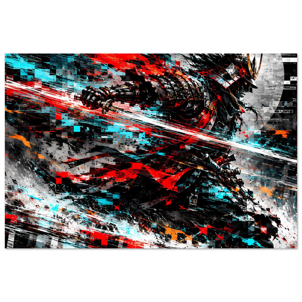Actionposter im Querformat mit samurai-artigem Motiv, rot, cyanblau, schwarz-weiß und Akzenten