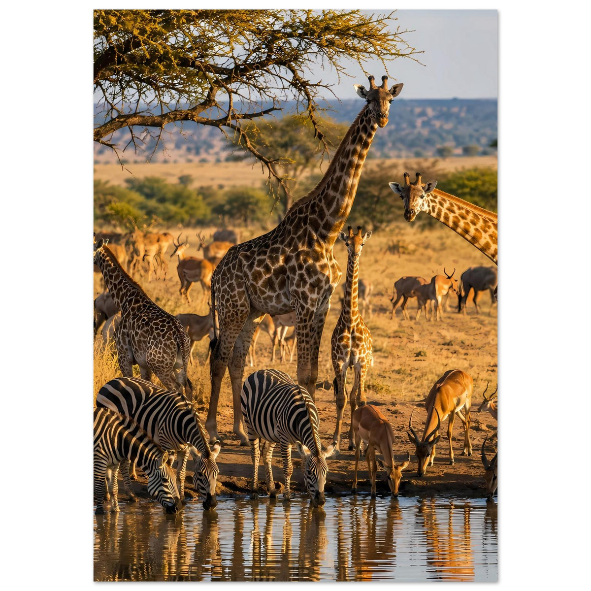 Tierwelt-Poster im Hochformat mit Giraffen, Zebras und Antilopen in goldenen Farben