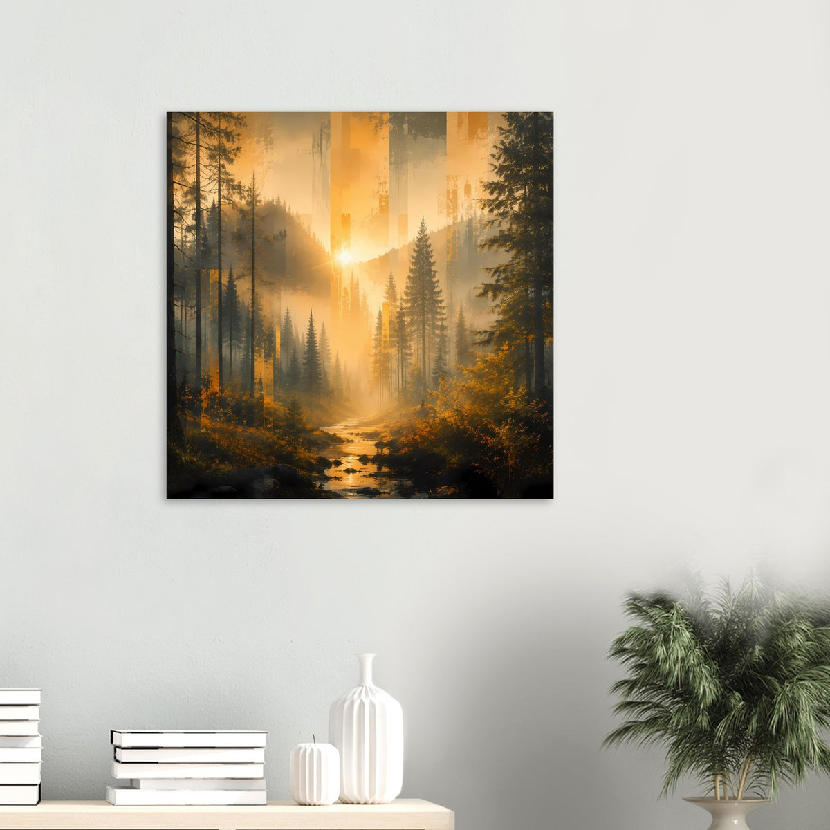 Wandposter mit Waldlandschaft: Sonnenaufgang zwischen Bäumen über fließendem Bach