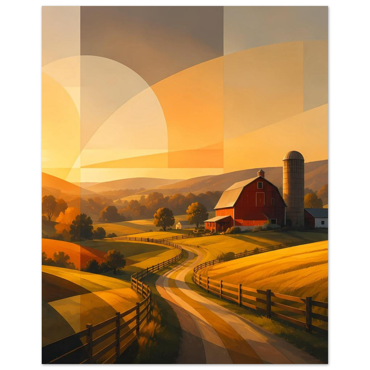 Hochkant-Poster mit roter Scheune, Siloturm und goldenem Feldweg, geometrische Überlagerungen