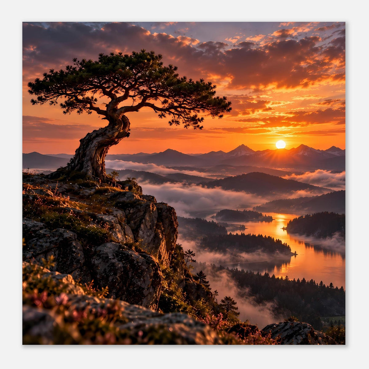Nahansicht-Poster mit gebogenem Baum am Felsen über ruhigem See bei Sonnenuntergang