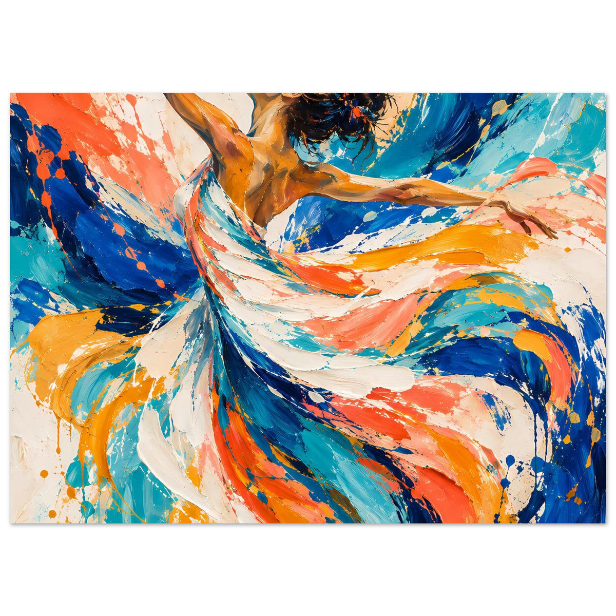 Kunstdruck-Poster Querformat: abstrakte Tänzerin mit Farbklecksen, Blau, Orange, Türkis.
