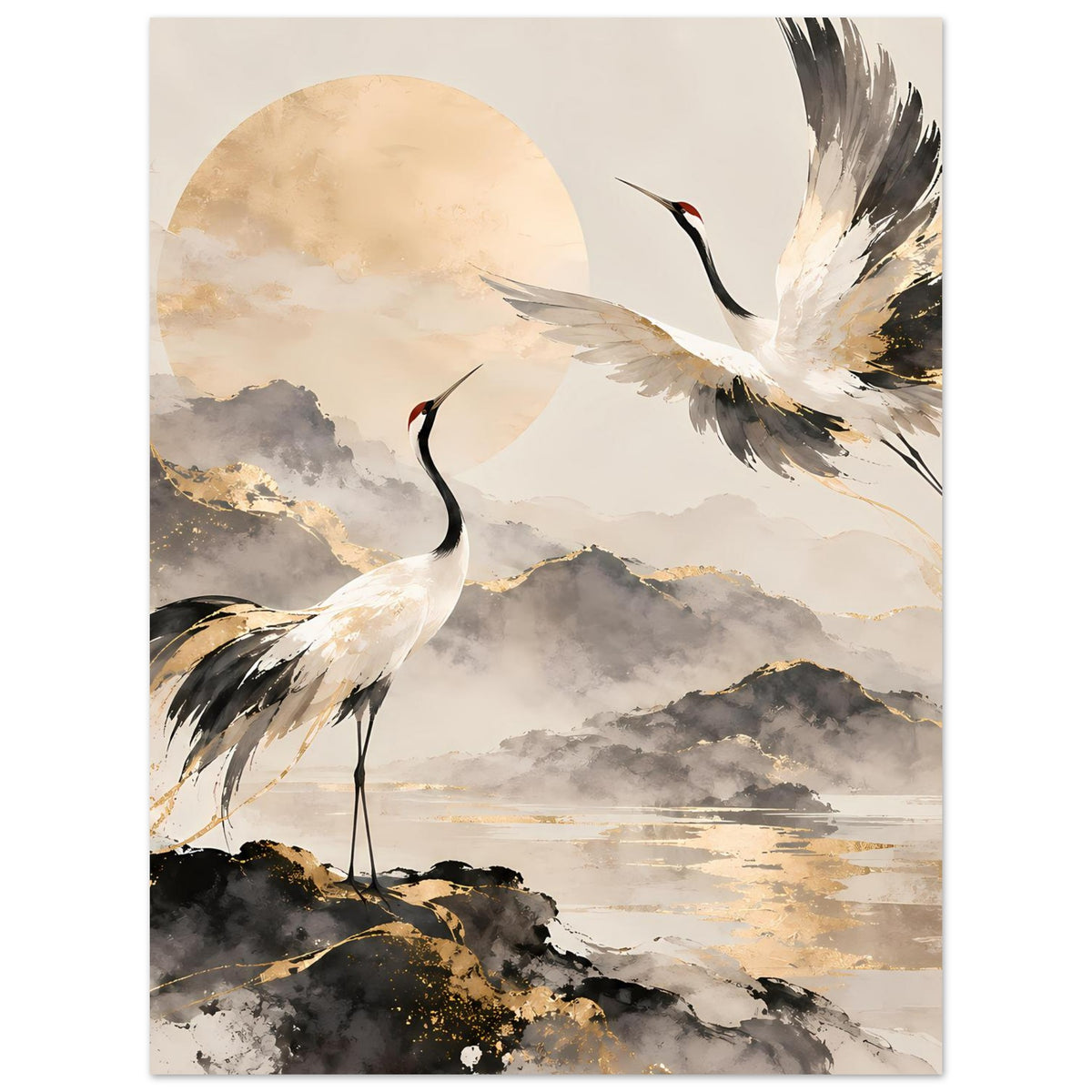 Poster mit Kranichen vor See, kreisförmiger Sonne, Wolken und Gold-Grau-Sprenkeln