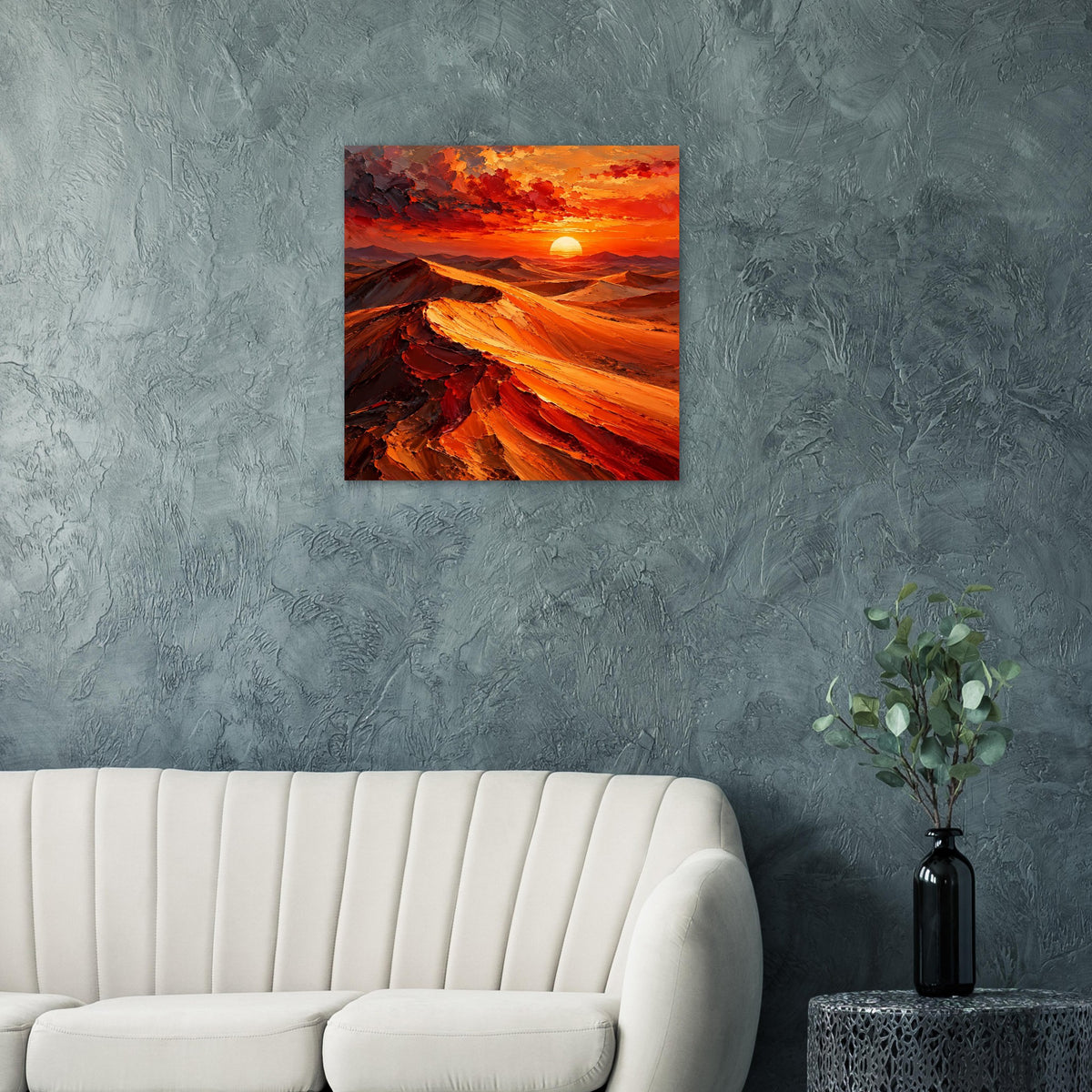 Wandposter mit Wüstenlandschaft im Sonnenuntergang, roter Himmel, orange Sanddünen