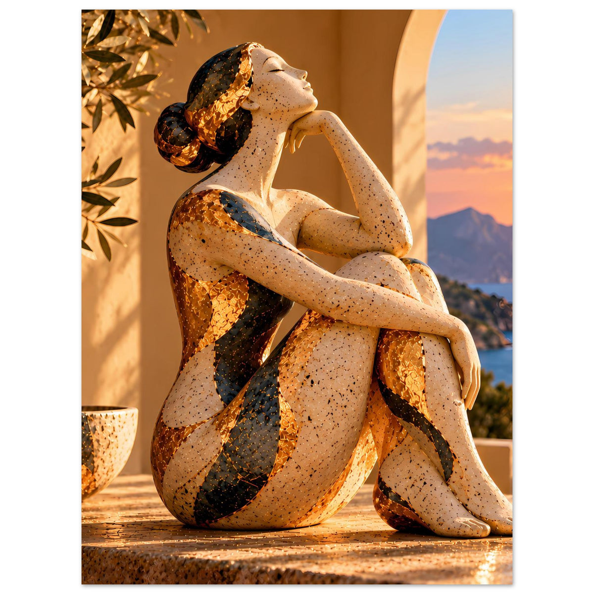 Poster mit sitzender Frauenfigur, sandbraunes Motiv mit dunkelbraunen, abstrakten Linien