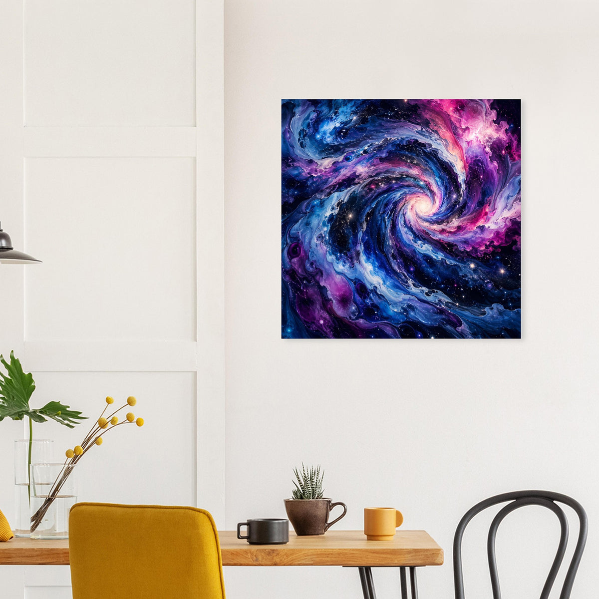 Galaktisches Swirl-Poster: quadratisches Motiv mit blauem Violettwirbel und schwarzer Einfassung