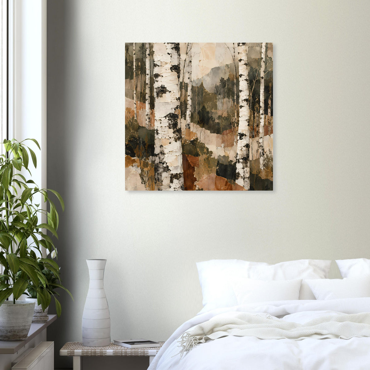 Birkenwald-Kunstdruck mit kontrastreichen Birkenstämmen und erdigen Farbtönen