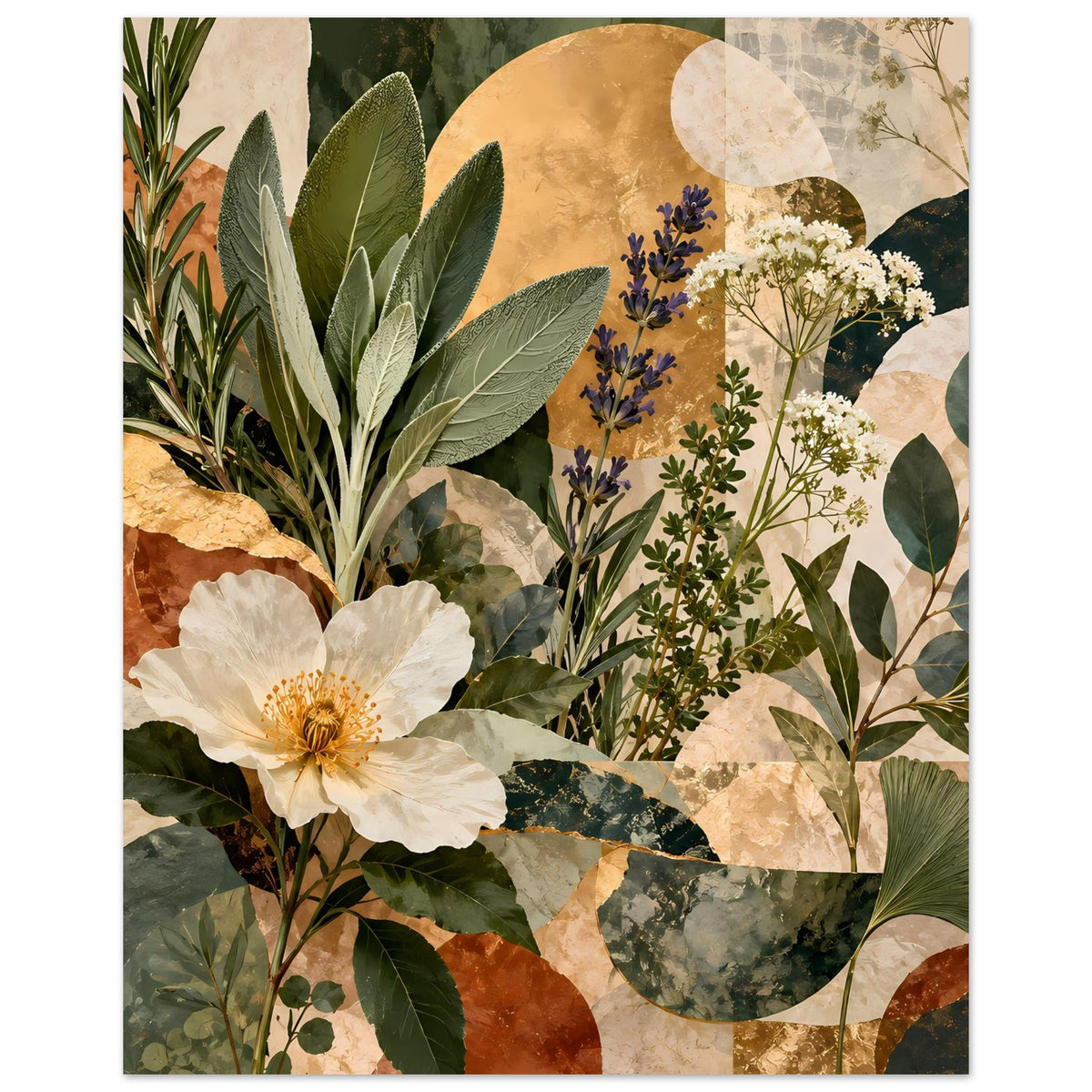Botanisches Poster mit großer weißer Blüte links und Pflanzenzweigen rechts, warm