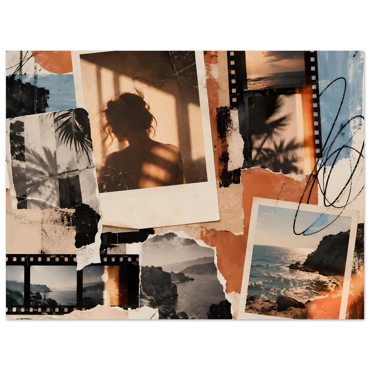 Collageposter mit mehreren Fotoflächen: Aktfoto, Küste, Felsen, Filmstreifen, blau-orange