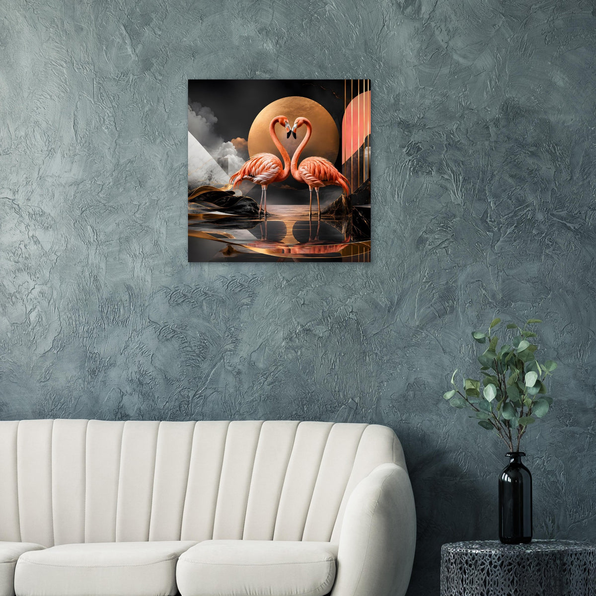 Flamingo-Kunstposter mit zwei Flamingos und dunkler Spiegelung, goldene Kreisfläche