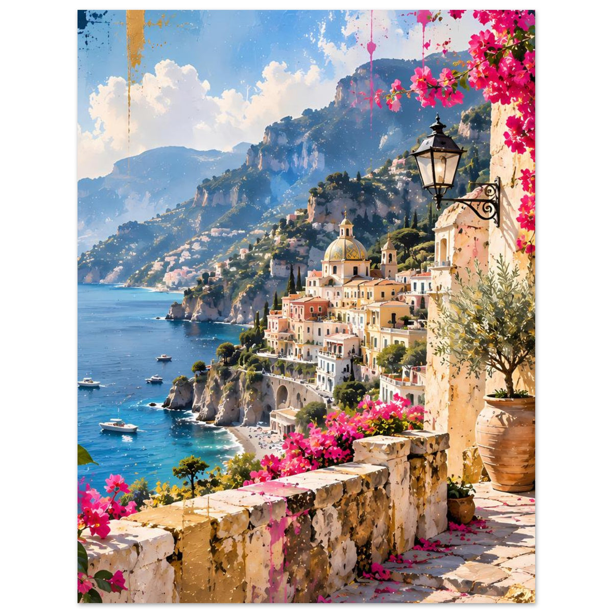 Poster mit Küstenlandschaft, Bougainvillea am Bildrand und Vasen im Vordergrund