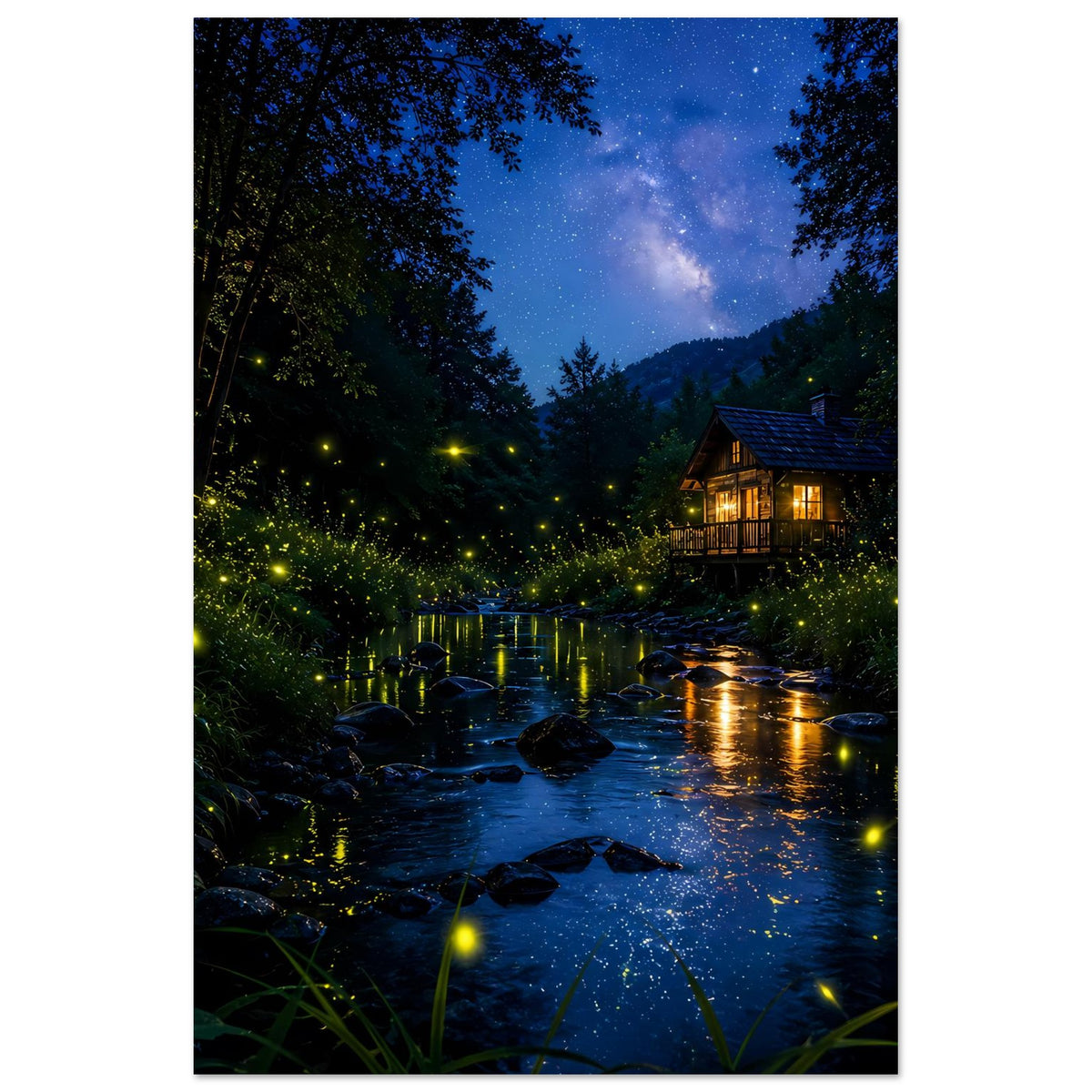 Hochformat-Poster mit Waldbach bei Nacht, leuchtender Hütte und goldenen Lichtpunkten
