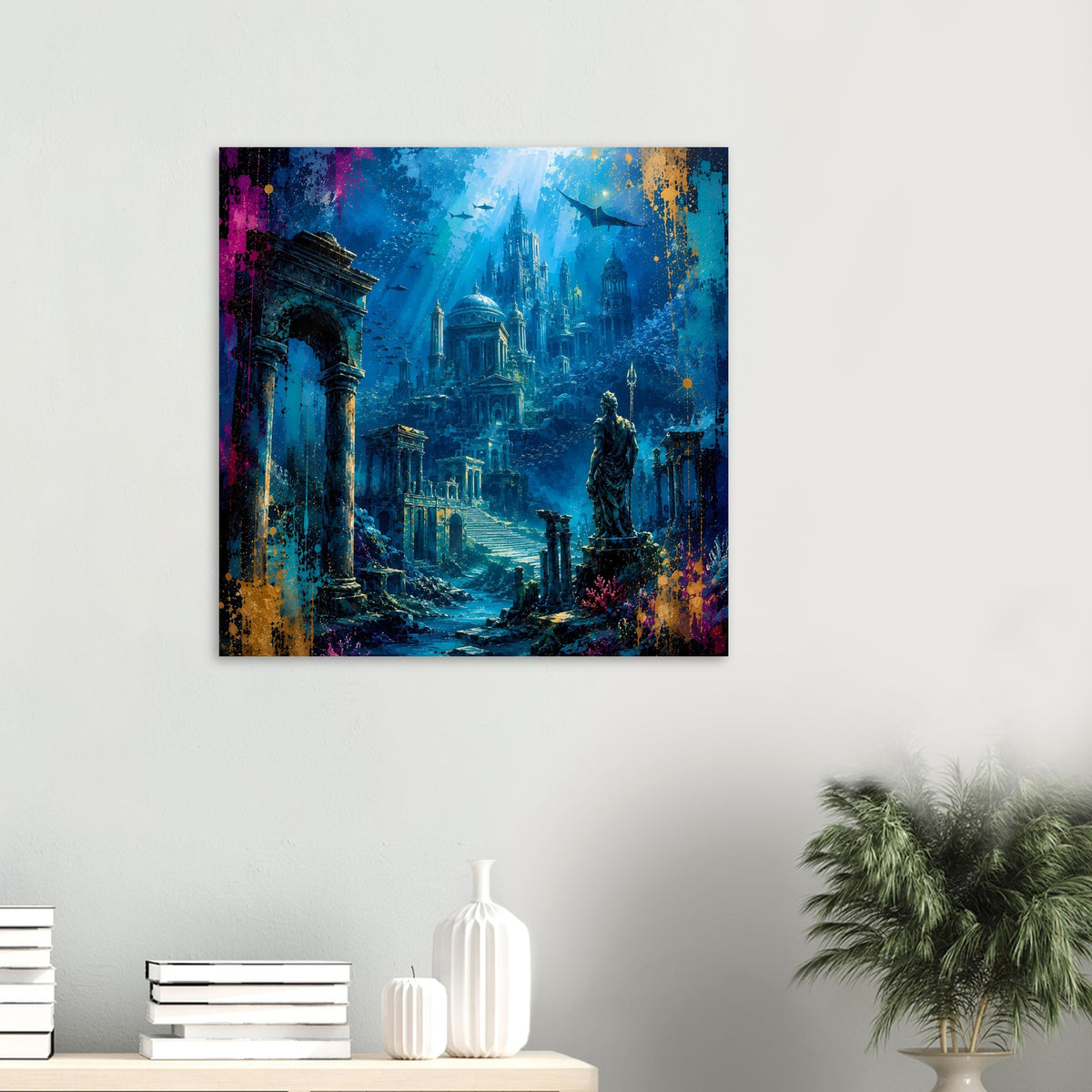 Quadratisches Poster mit Atlantis-Ruinen im Ozean, blauem Wasser und hellen Lichtstrahlen