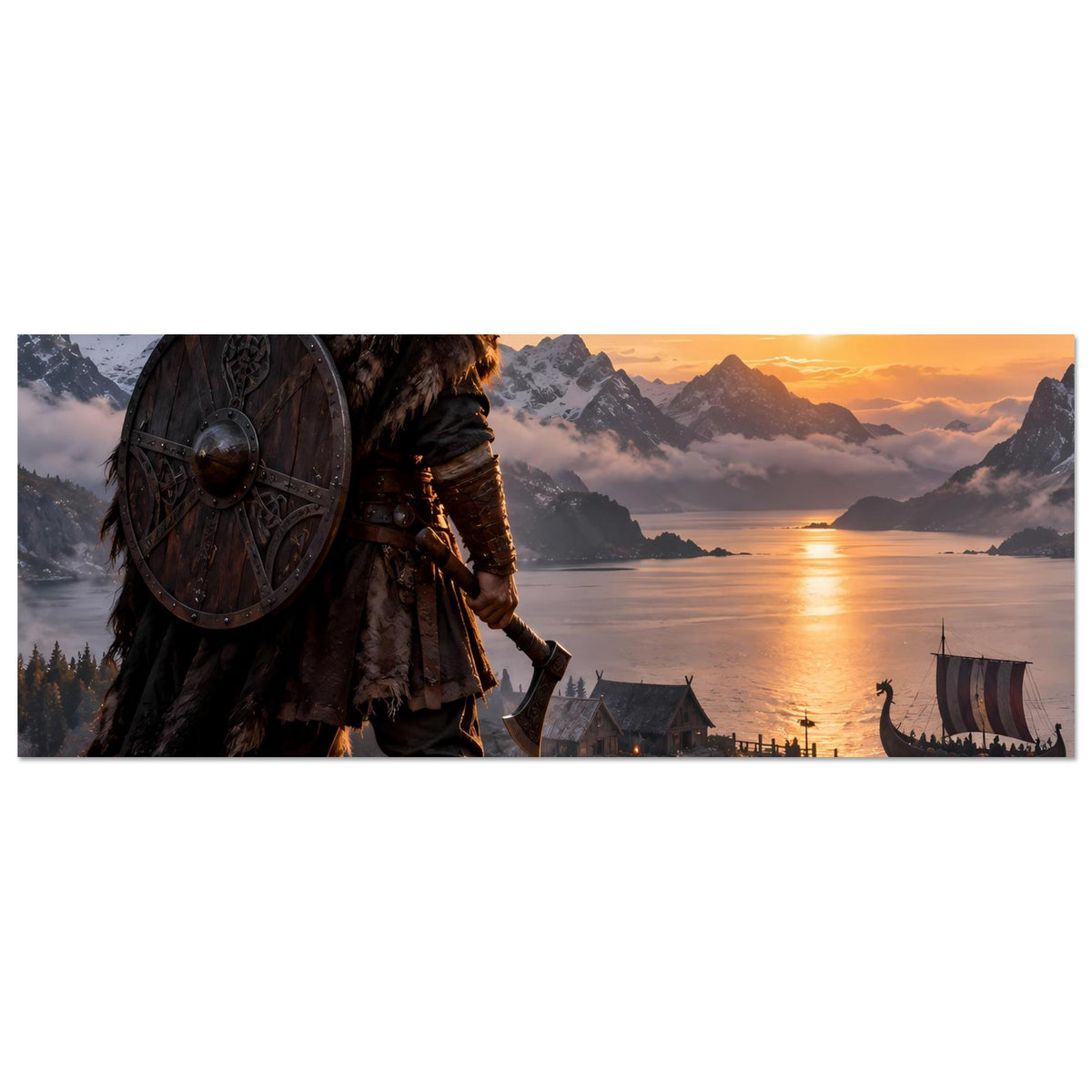 Wikinger-Poster im Querformat: Rundschild-Krieger, Fjord mit Hafen und Langschiff