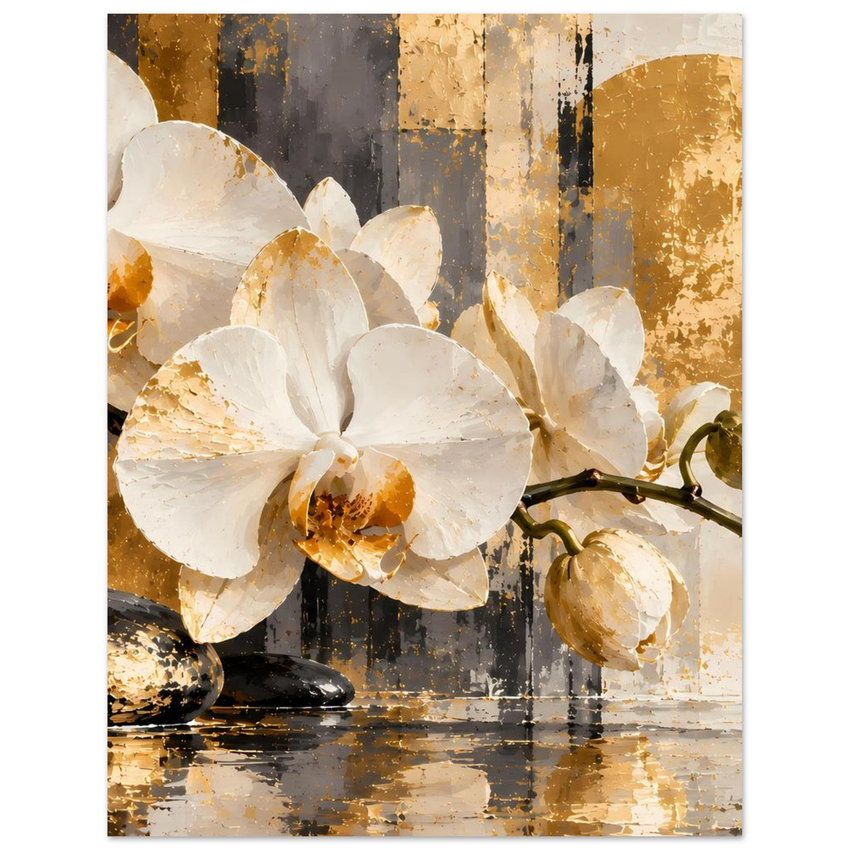 Orchideen-Poster: cremeweiße Blüten mit goldfarbenem Kern, schwarzbrauner Hintergrund