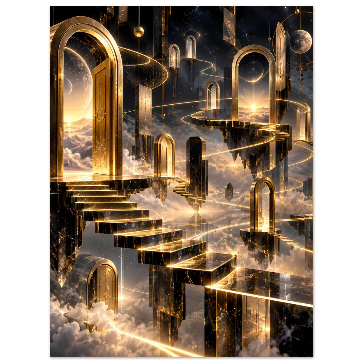Premium-Poster mit gold-schwarzem Fantasiehimmel, spiegelnden Bögen, Treppen und Wolkenlicht