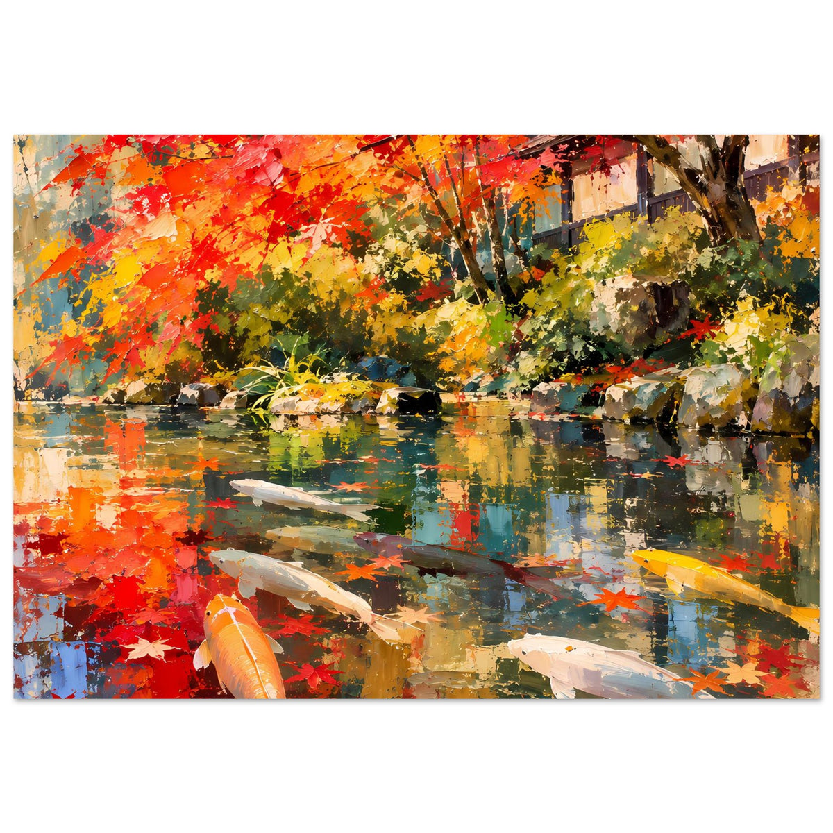 Kunstposter Querformat: mehrere Koi im Wasser mit bunten Herbstfarben und Baumkronen