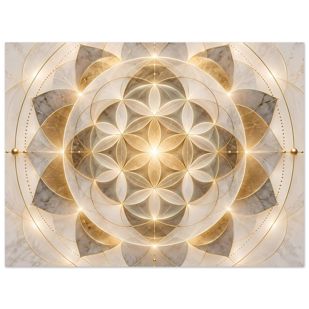 Quadratisches Poster mit gold schimmernder Mandala-Blume, Punktlinien und Kreisgeometrie