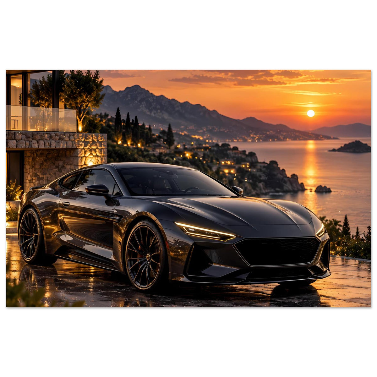 Poster mit Sportwagen bei Sonnenuntergang am See, frontales Nahfoto, schwarze und goldene Details