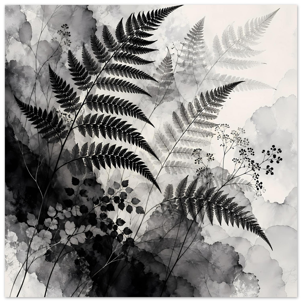 Botanisches Kunstposter mit Farnblättern, Blütenzweigen und Wolkenakzenten in Schwarzweiß, hochformatig