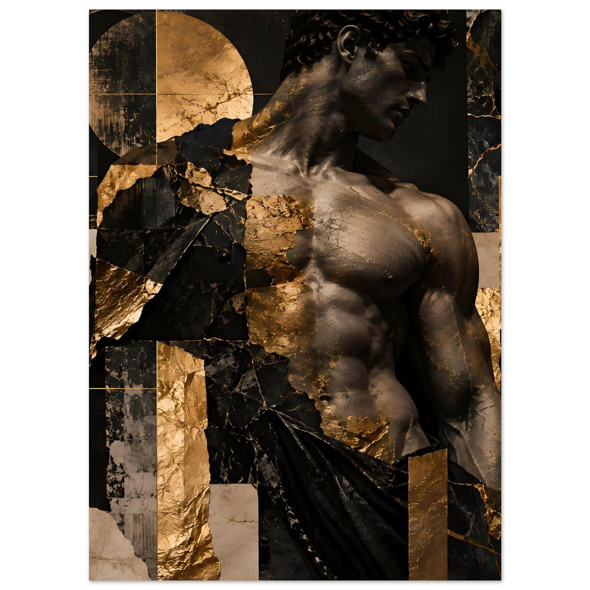 Kunstposter mit Statue, schwarzen und goldenen Stein-Fragmenten, dramatischer Drapierung