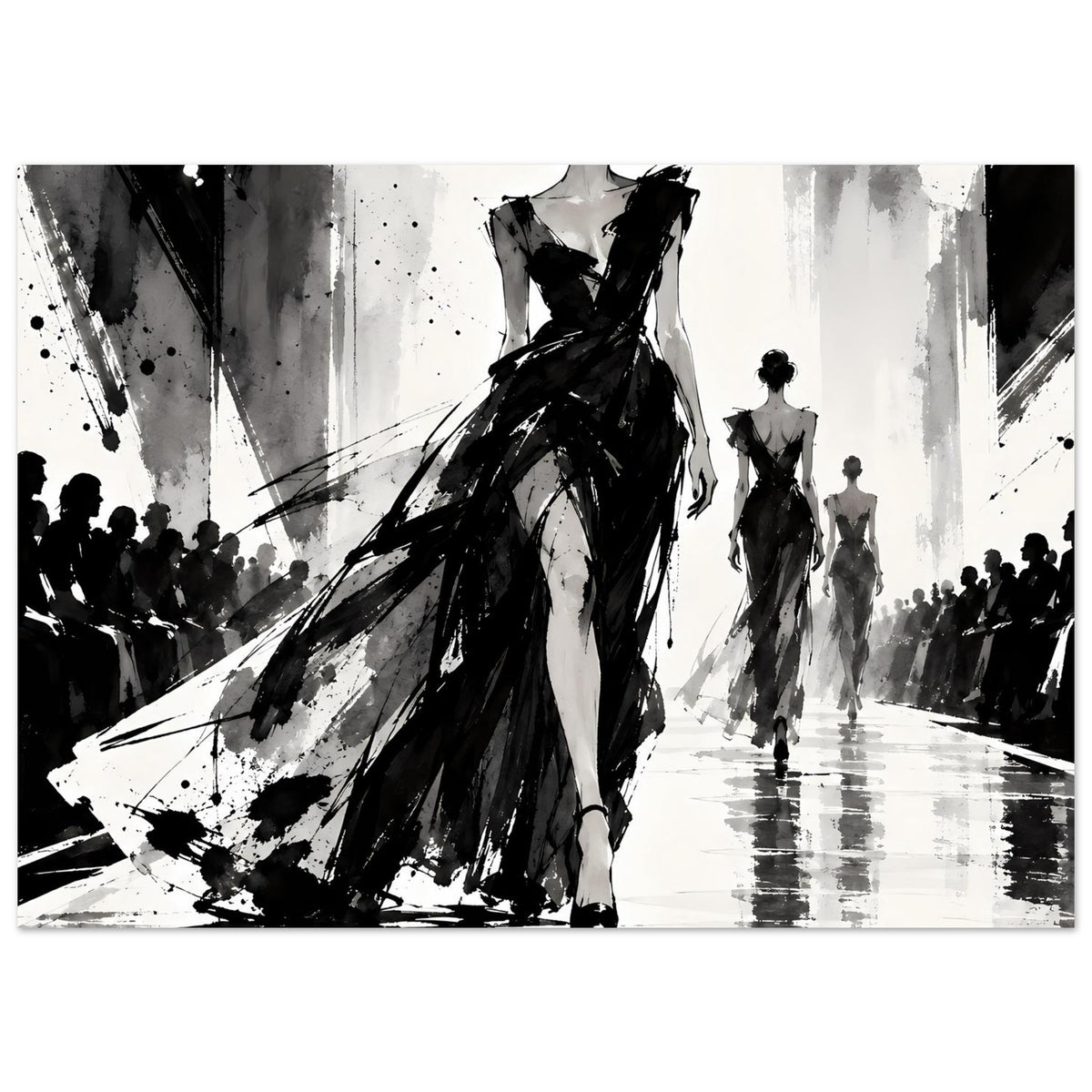 Poster mit Schwarz-Weiß-Fashion-Illustration: Ganzkörperansicht der Frau im langen Kleid, Publikum