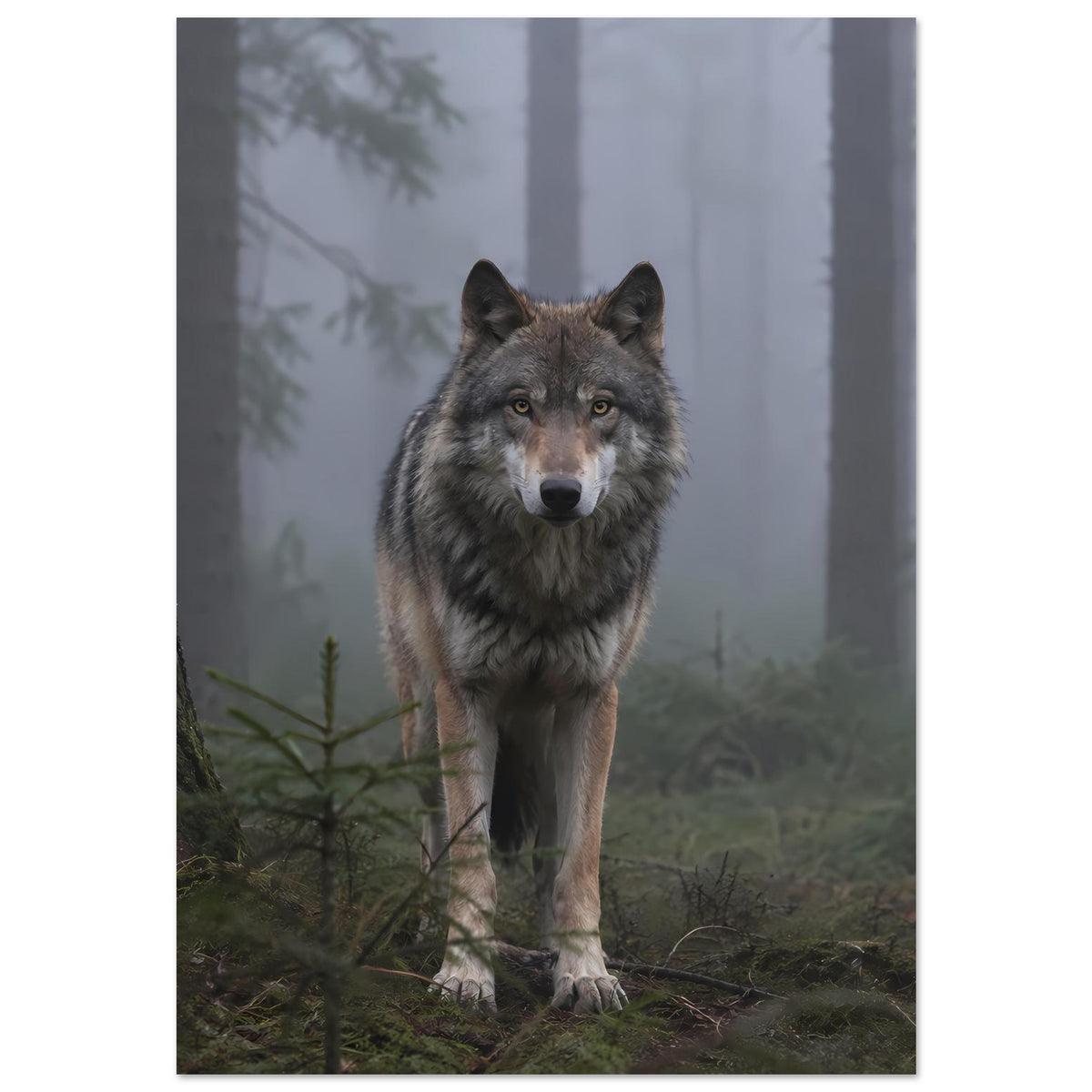 Wolfsposter im vertikalen Format: stehender grauer Wolf mit Blick nach vorn im Wald.