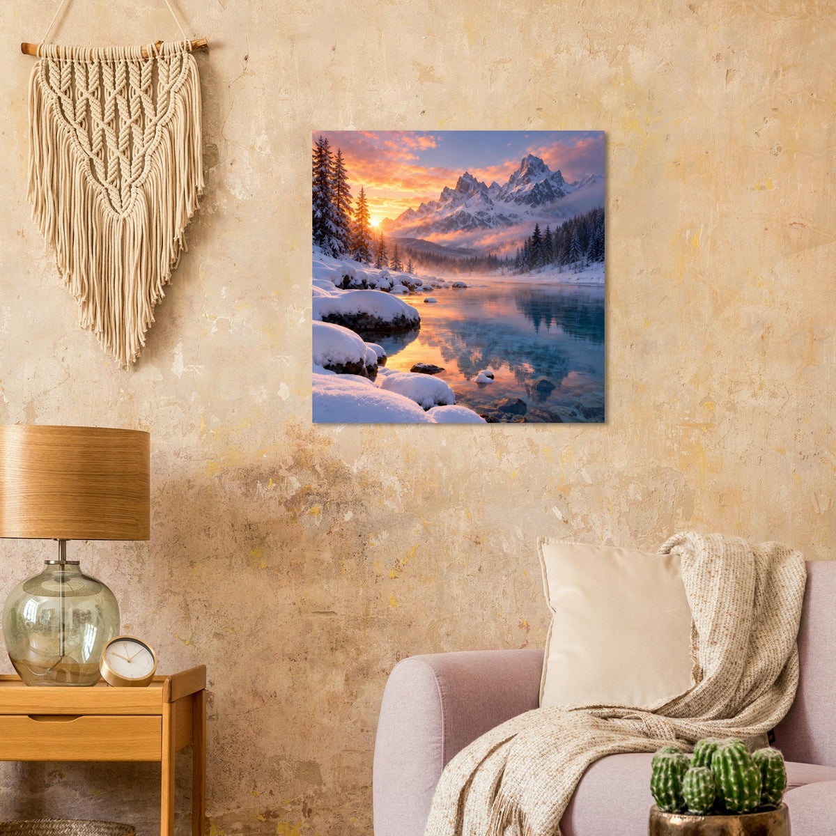 Winterlandschafts-Poster mit verschneiten Hügeln, Sonnenuntergang am Flussufer